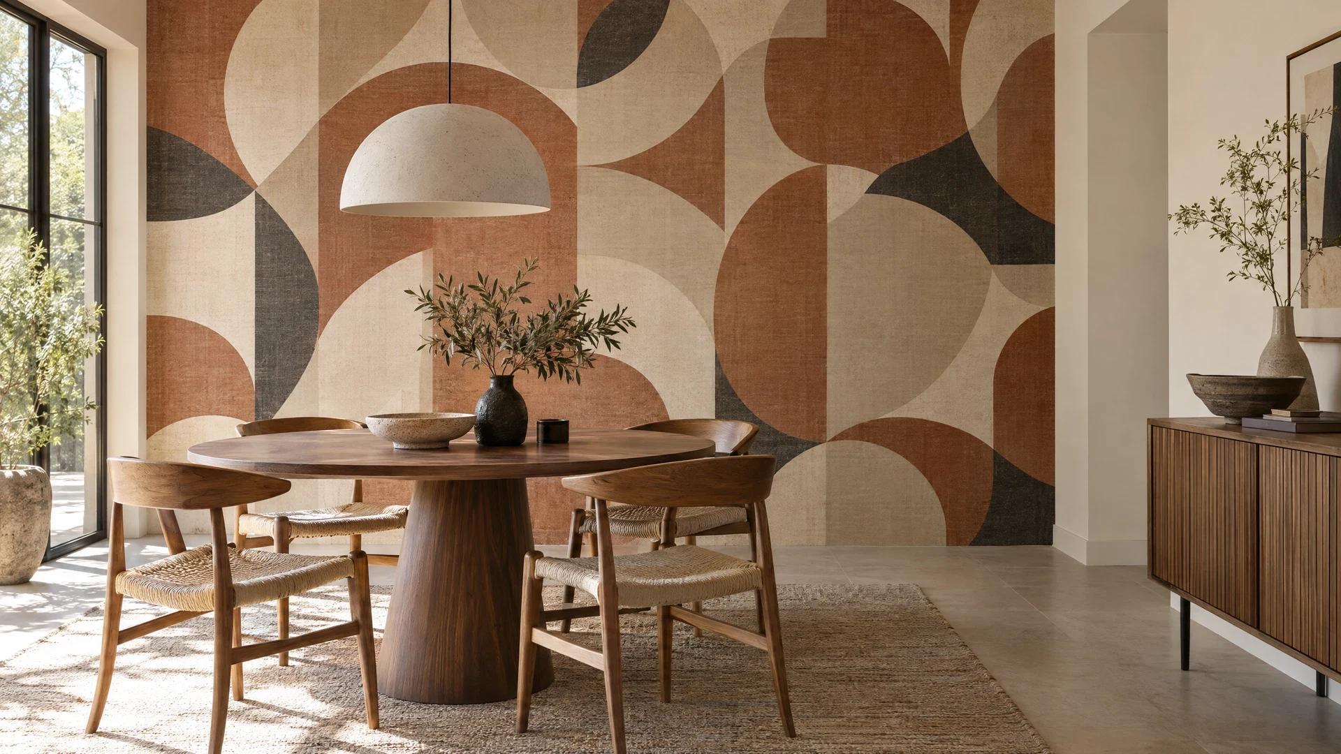 Warm dining room with terracotta geometric wallpaper, a round wooden table and sculptural wooden chairs.